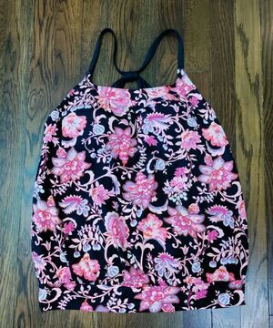 Lands' End Tankini Top Size 6 Built-In Padded Bra Floral Black Pink Lavender EUC